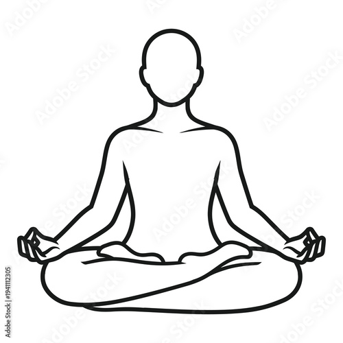 Line drawing of a person meditating in lotus position on white background icon