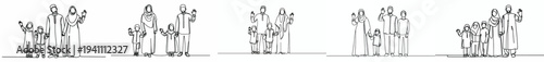 line art of a happy Muslim family standing waving their hands