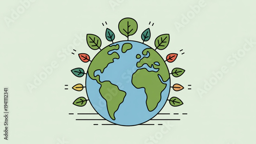 Earth with leaves growing around it symbolizing eco friendly and sustainable living on a light green background