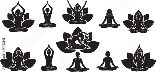 Yoga silhouettes in various poses on lotus flowers meditation