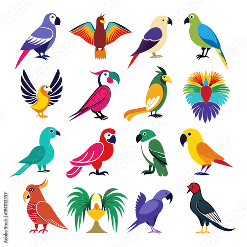 Colorful parrot species collection in flat design illustration style