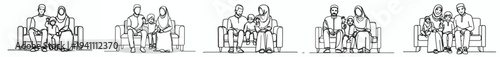 line art of a happy Muslim family sitting on sofa
