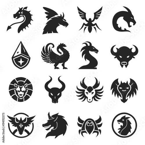 Assorted mystical creatures in a set of vector logos
