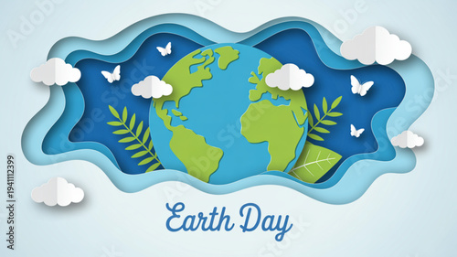 Earth day illustration of green globe with blue oceans surrounded by white clouds butterflies and leaves on light blue background
