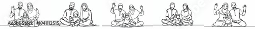 line art of a happy Muslim family sitting on floor waving their hands