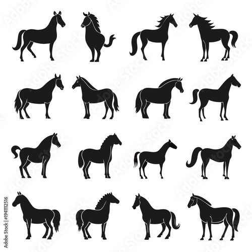 Collection of black horse silhouette vector illustrations set