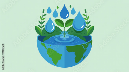 Earth with green leaves and blue water droplets symbolizing eco friendly and sustainable living