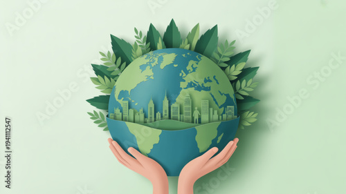 Hands cradling a green earth with cityscape and leaves symbolizing eco friendly urban planning and sustainability