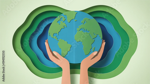 Hands cradling earth globe with layered green and blue background symbolizing environmental protection and care