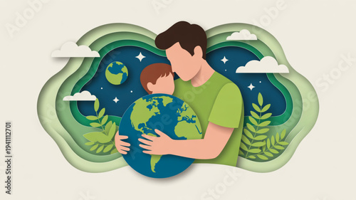 Man and child hugging earth with green landscape and night sky background symbolizing love and environmental care