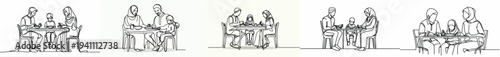 line art of a Muslim family eating at the dining table together