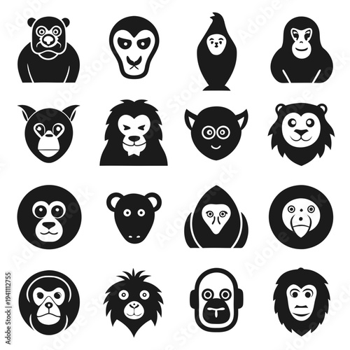 Collection of stylized monkey head icons in black and white