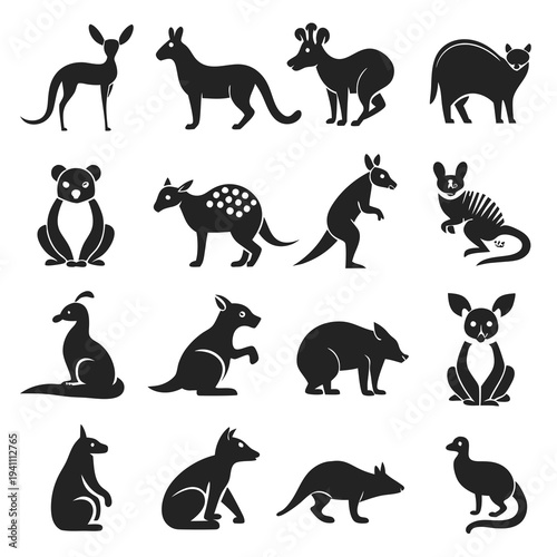 Set of simplified black animal icons on white background