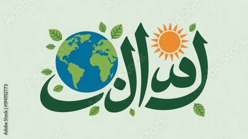 Earth globe with arabic calligraphy and sun symbolizing eco friendly environment and sustainability