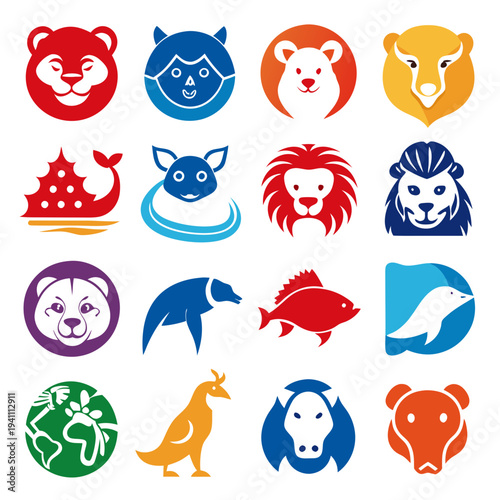 Collection of colorful animal icons with a minimalist design