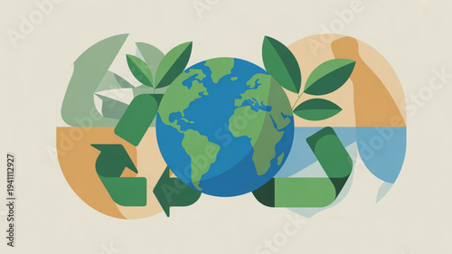 Earth surrounded by green leaves and recycling symbols representing eco friendly environment and sustainable living concepts