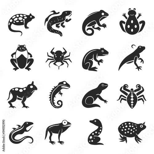Silhouetted amphibians and reptiles vector graphic design collection