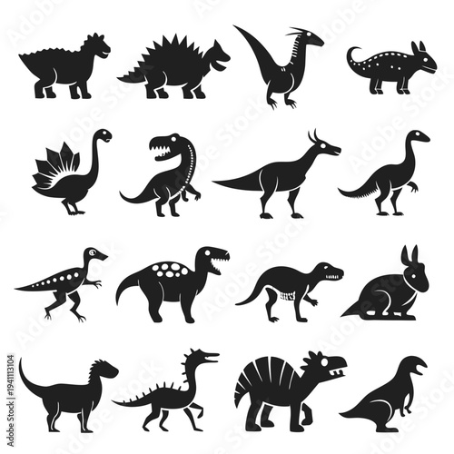 Silhouetted Dinosaur Icons Isolated on White Background, Set Design