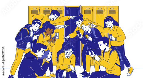 Teenagers Bullying Another Teenager At School Lockers With Smartphones