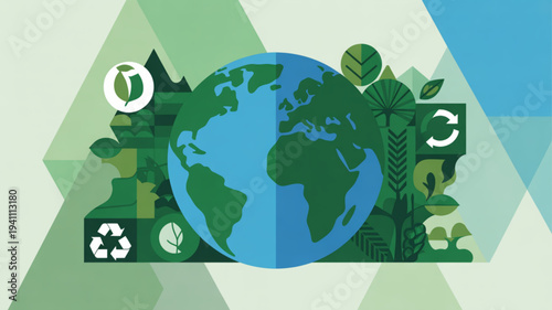 Earth surrounded by eco friendly symbols and lush greenery on a geometric background representing environmental conservation and sustainability