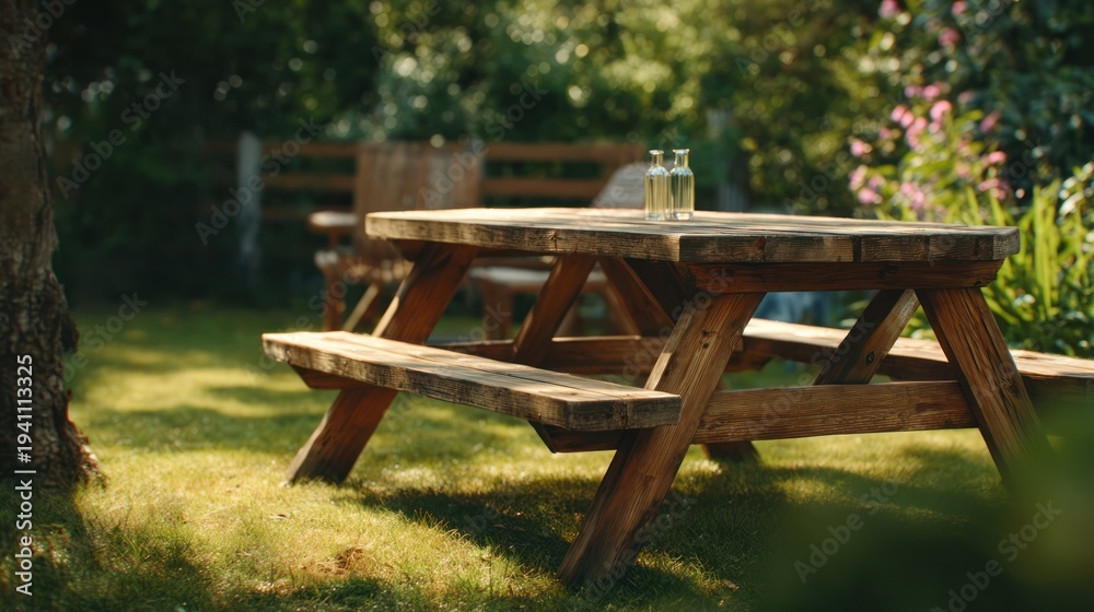 Fototapeta premium A sturdy, wooden picnic table in a sunny backyard, set for a summer barbecue, 8k, realistic, full ultra HD, high resolution, cinematic photography