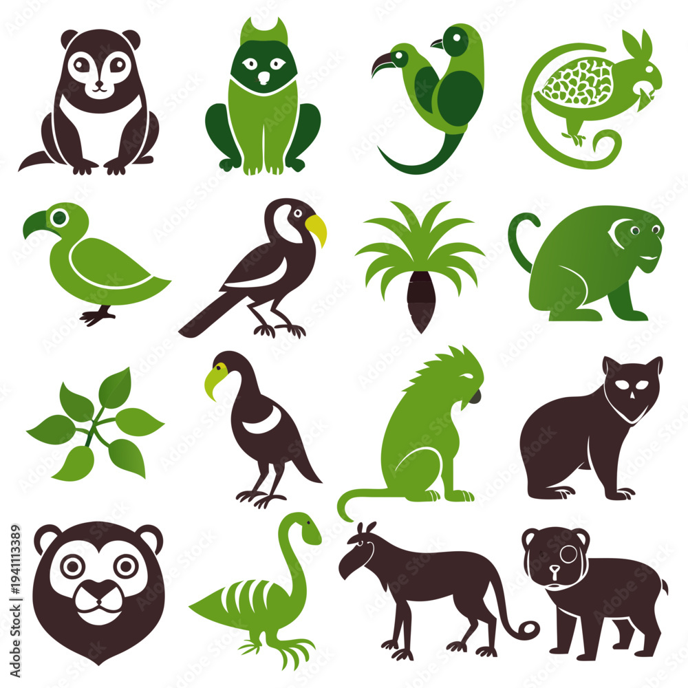 Naklejka premium Stylized Animal Icons Collection in Green and Brown Colors
