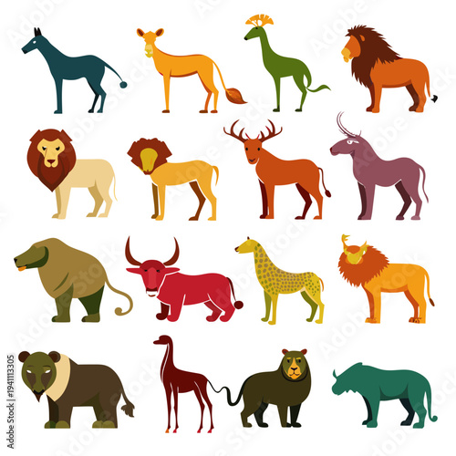 Collection of sixteen flat vector illustrations of stylized animals