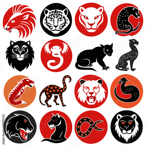 Assorted animal heraldry icons on circular colored backgrounds, various beasts