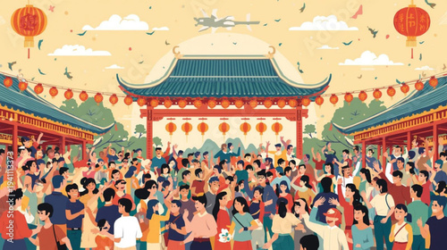  cheerful crowd, Blue Dragon Festivity traditions, Chinese heritage, lively occasion, cultural pride, historic customs, radiant gala, communal joy, symbolic practices.