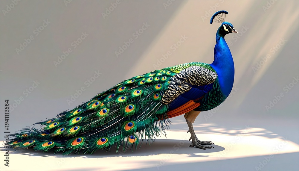 Obraz premium Hyperrealistic, colorful peacock illustration, vibrant plumage with blues, greens, and golds, detailed feathers, lifelike lighting and shadows, majestic pose, photorealistic style, high-resolution.