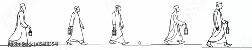 Line art of a Muslim man walking holding a Ramadan lantern 