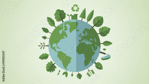 Green earth surrounded by leaves and recycling symbols eco friendly concept flat design illustration environmental awareness sustainable development
