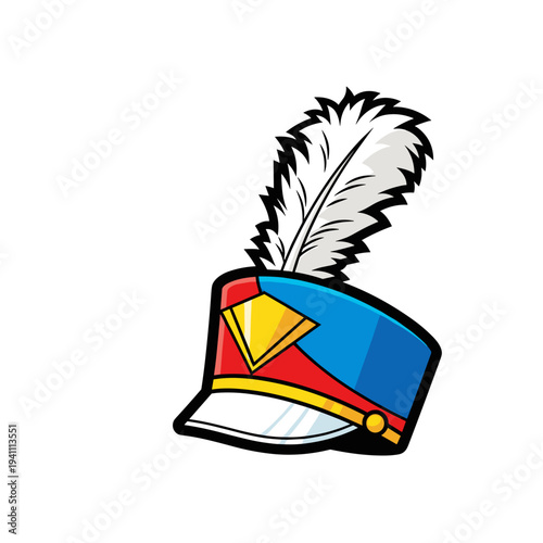 Colorful marching band hat with plume isolated on white background, featuring vibrant red, blue, and gold accents in a stylized illustration