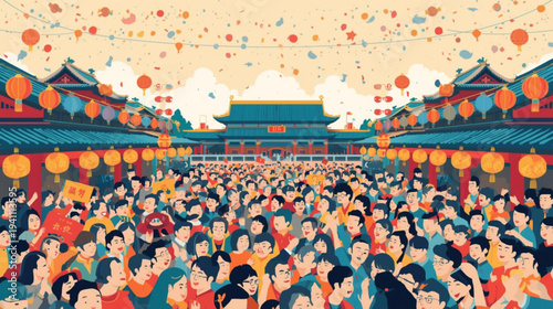  cheerful crowd, Blue Dragon Festivity traditions, Chinese heritage, lively occasion, cultural pride, historic customs, radiant gala, communal joy, symbolic practices.
