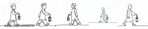 Line art of a Muslim little boy walking holding a Ramadan lantern 