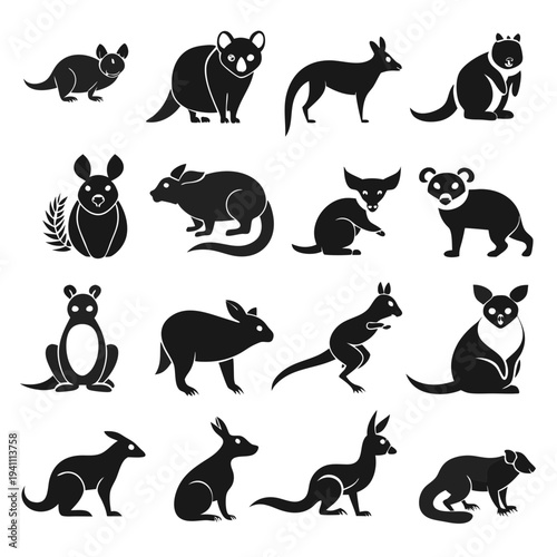 Australian Marsupials Silhouette Set Including Kangaroo Koala and Wombat