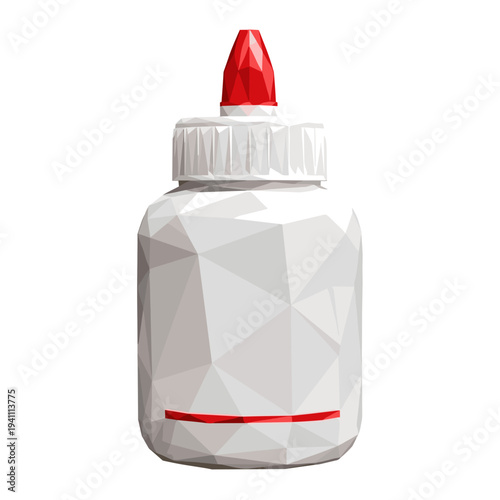 Geometric style white glue pot with red cap isolated on a white background, showcasing a modern polygonal design