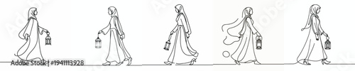 Line art of a Muslim woman walking holding a Ramadan lantern 