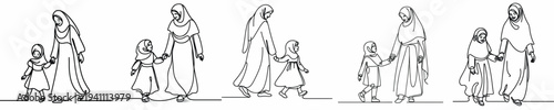 line art of a muslim mother and child walking together