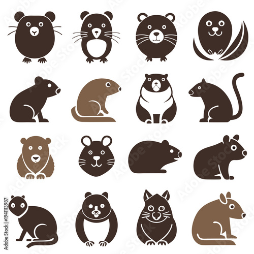 Collection of different cartoon animal icons in brown colors