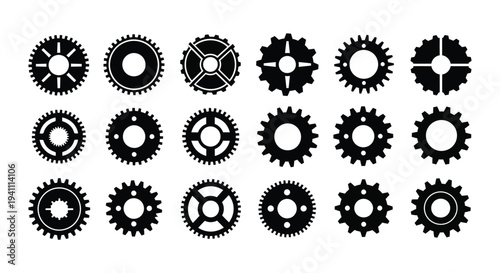 Diverse black cogwheel vector graphic illustrations for mechanical engineering and industrial design.