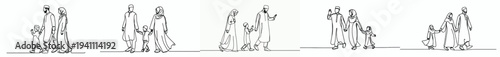 line art of a Muslim family walking together happily