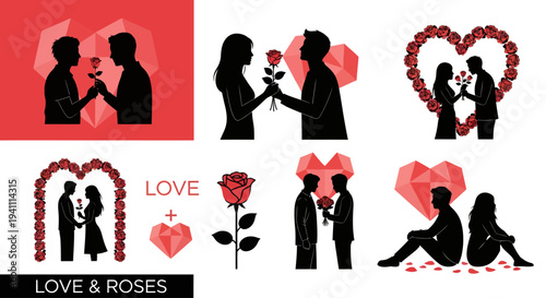 Romantic couples and floral hearts depicted in black silhouettes