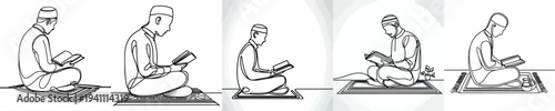 line art of a Muslim man sitting reading the Quran side view