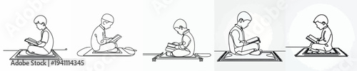 line art of a Muslim little boy sitting reading the Quran side view