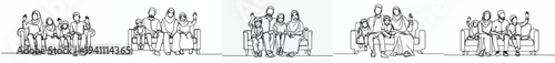line art of a happy Muslim family sitting on sofa