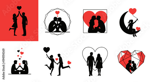 Romantic couple silhouettes within geometric shapes and hearts a design collection silhouette