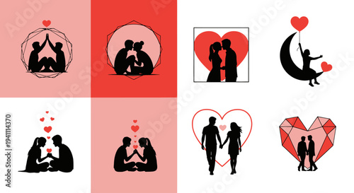 Romantic couple designs featuring polygonal and heart motifs a silhouette