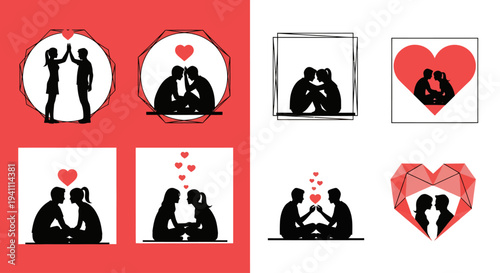 Romantic couples illustrated with hearts in a geometric design silhouette