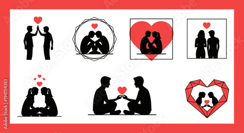 Romantic couples in various poses a collection of black silhouettes